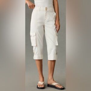 Maeve Anthropologie Ivory White Cargo Cropped Pants Gold Button Detail US 14